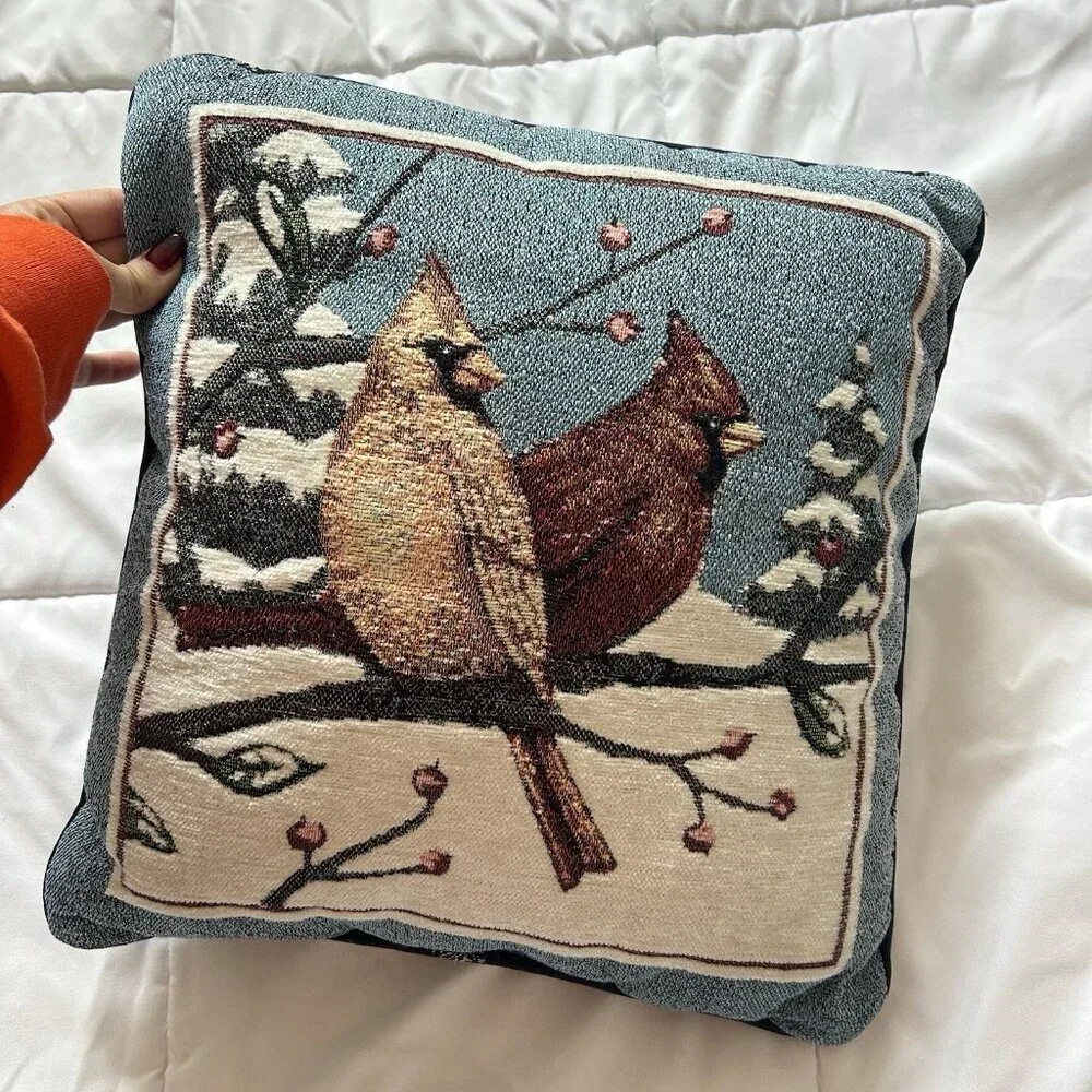 Vtg Cardinal Needlepoint‎ Accent Throw Pillow Winter Forest Blue Red Birds